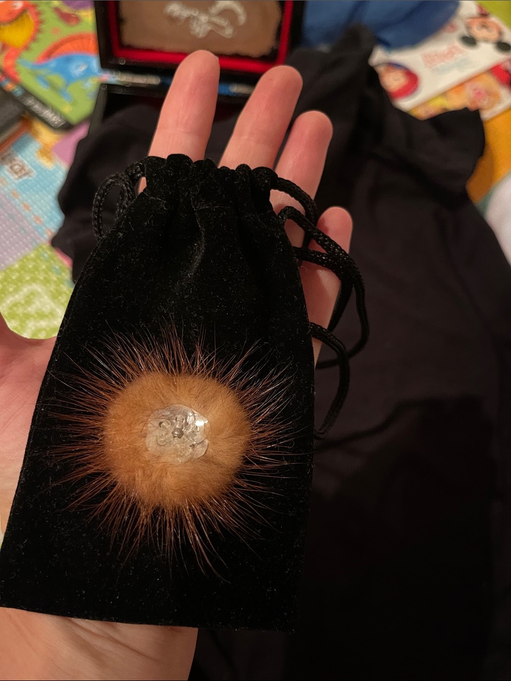 Velvet Drawstring Pouch with Brown Fur Accent
